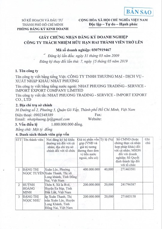 CÔNG TY TNHH THƯƠNG MẠI – DỊCH VỤ - XUẤT NHẬP KHẨU NHẤT PHƯƠNG